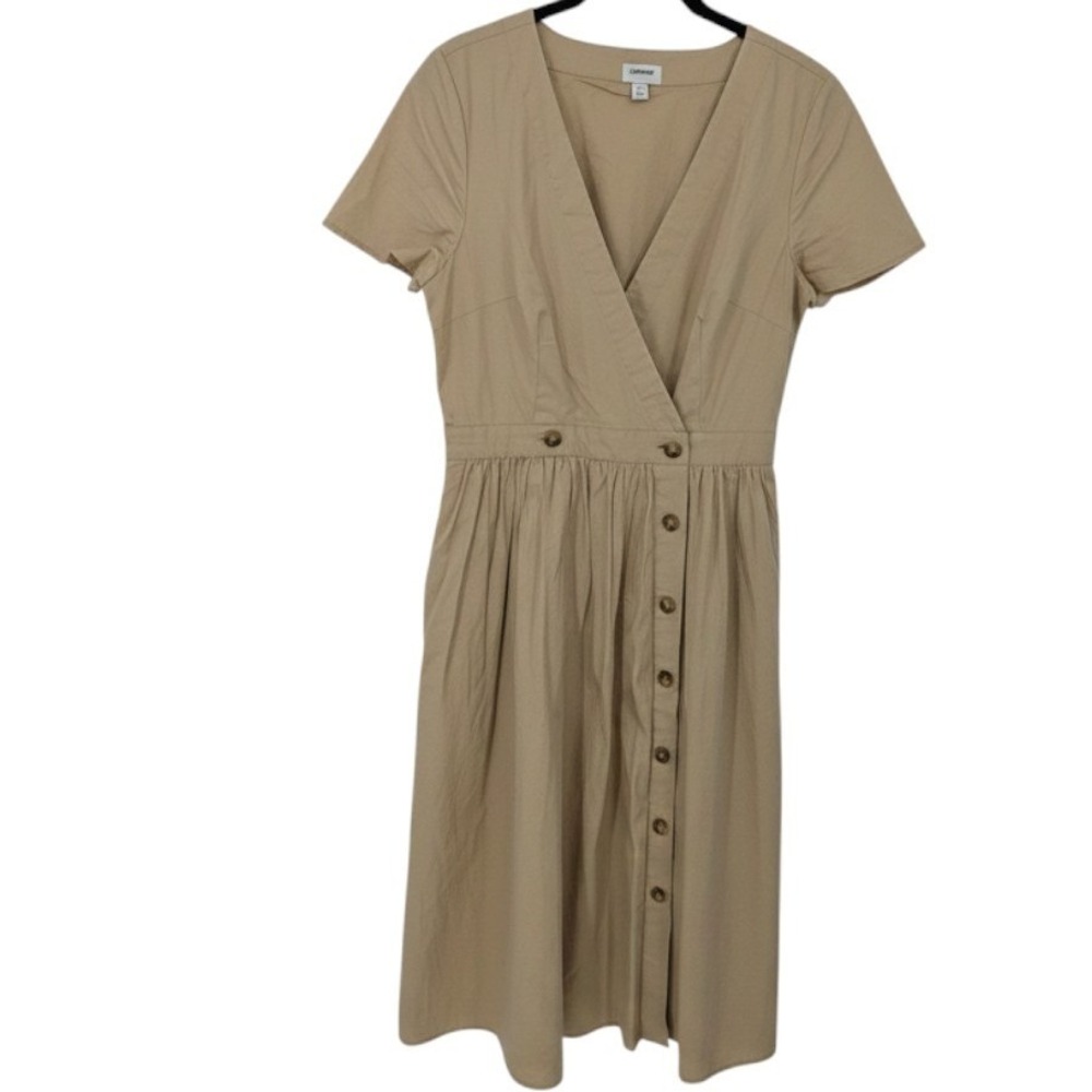J Crew Midi Dress Womens 4 Tan Khaki Button Front Short Sleeve Cotton Minimalist